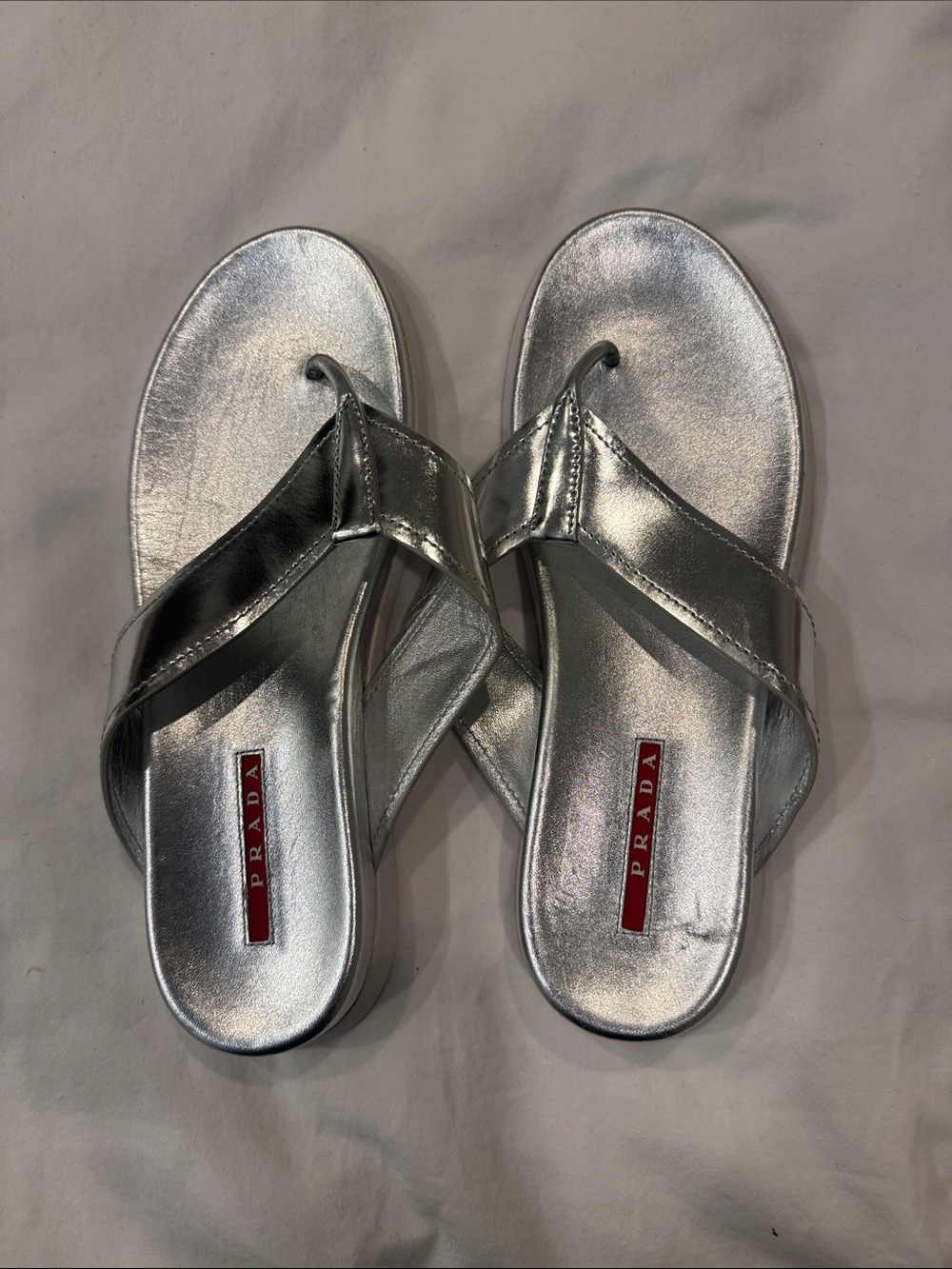 Prada Metallic Silver Leather Thong Sandals